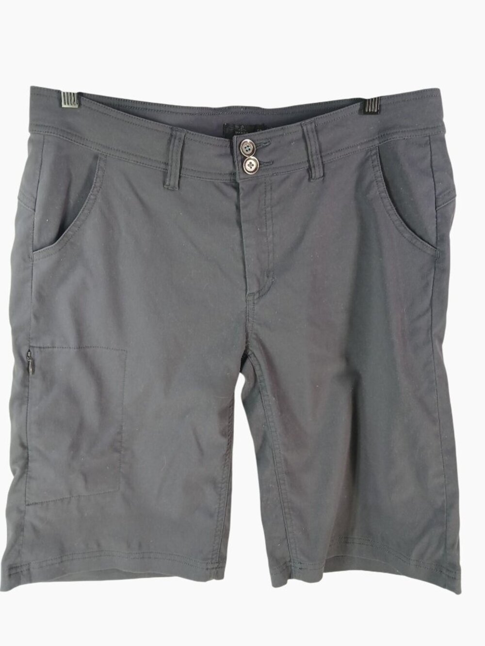 Prana Womens Gray Outdoor Hiking Shorts Size 12 Zip Pocket Back Button Flap